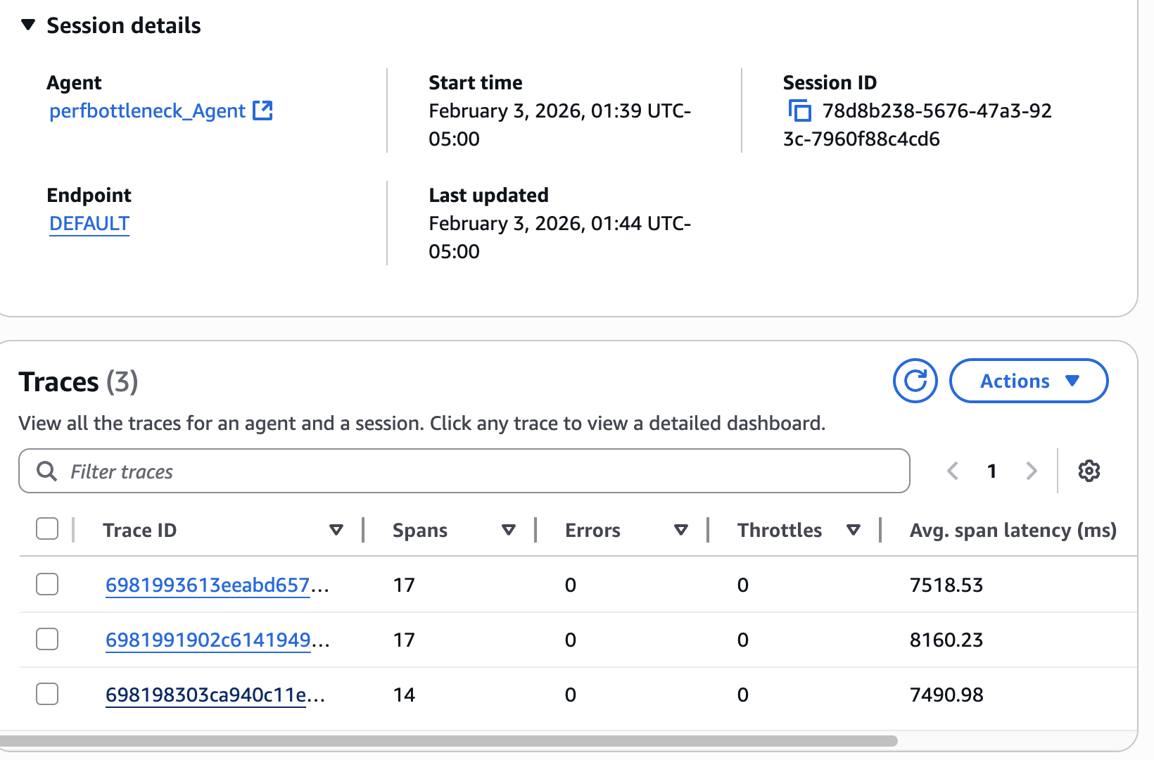 CloudWatch 会话视图，显示三次智能体调用，跨度延迟高达 7.5-8.2 秒