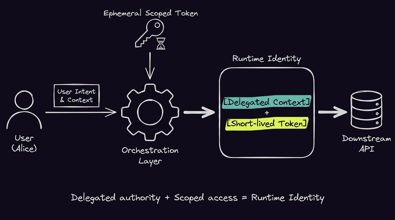 Diagram showing an ephemeral scoped token flowing from user intent through an orchestration layer into a runtime identity combining delegated context and a short-lived token, before reaching the downstream API
