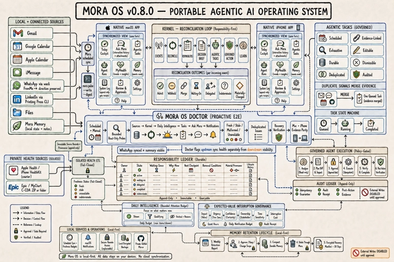 当前的 Mora OS 架构，包括本地数据源、可移植记忆、原生 Mac 和 iPhone 应用、责任核对、智能体任务、健康数据隔离、审计、保留策略以及主动式 Doctor