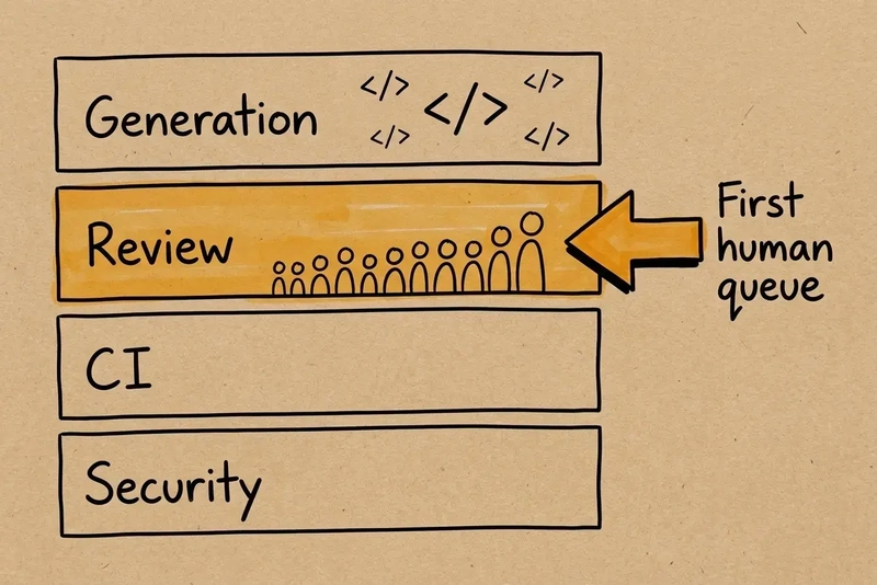 Kraft paper sketch of stacked bands for Generation, Review, CI, and Security, with an amber arrow marking Review as the first human queue
