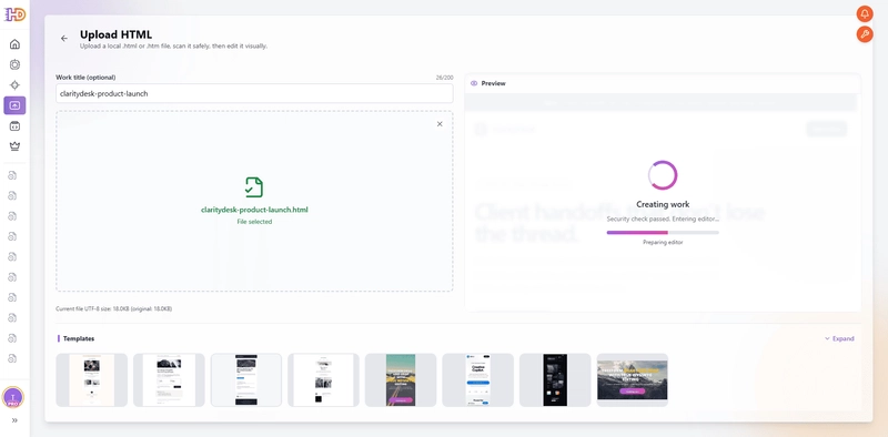在上传 HTML 中选择的 ClarityDesk HTML 文件