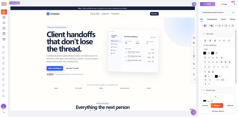 HtmlDrag 可视化编辑器中的 ClarityDesk 登陆页面