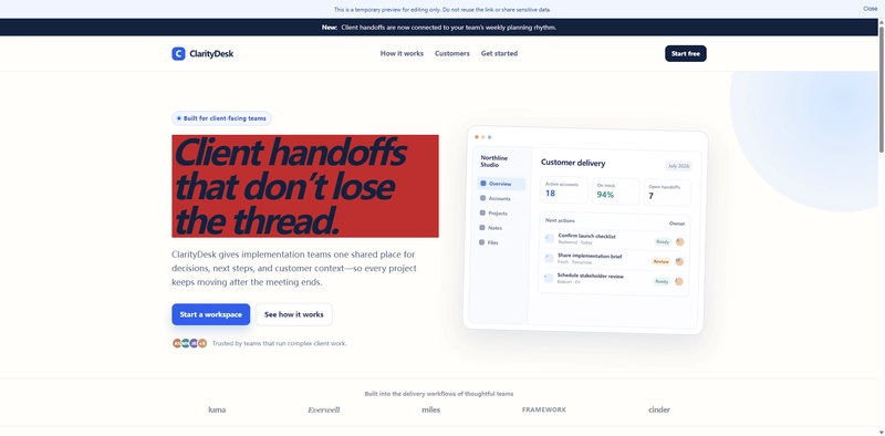 HtmlDrag 预览中的 ClarityDesk 页面