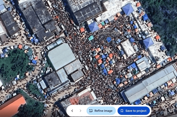 A simple prompt like "refugees swarm the street" is all it takes to fill an empty lot with people. | Image: via Henk van Ess