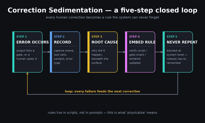 The correction sedimentation loop: error occurs → record → root cause → embed rule → never repeat