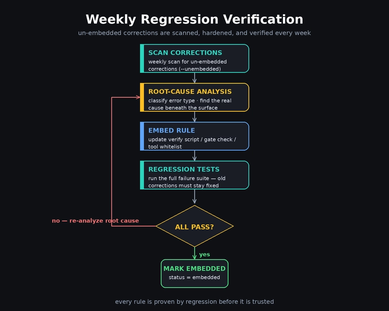 Weekly regression verification flow: scan → root-cause analysis → embed rule → regression tests → all pass? → mark embedded, or loop back to re-analyze