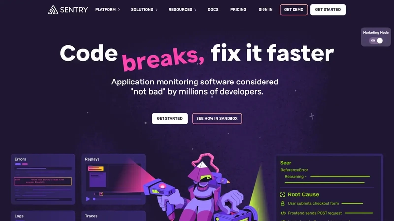 Sentry homepage with Seer root-cause panel