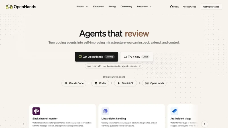 OpenHands homepage with agent integrations
