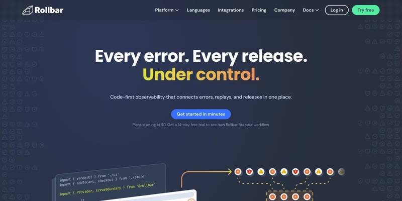 Rollbar homepage and error correlation diagram
