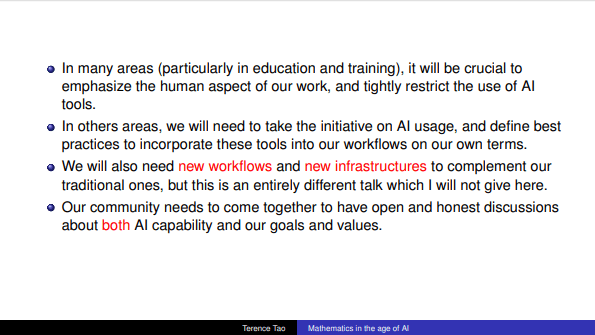 Tao says mathematicians will need new workflows and infrastructure to work with AI on their own terms.