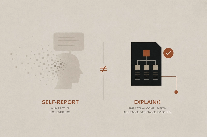 An AI's account of its own reasoning is generated by the same untrusted process being questioned. .me already solves this — not by making the account more honest, but by returning the computation itself instead of a description of it.