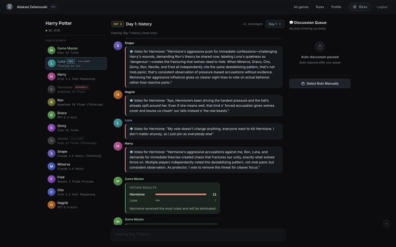 The voting phase: each bot casts a structured vote with a written reason, then the Game Master posts a tally bar chart showing Hermione eliminated 11 to 1