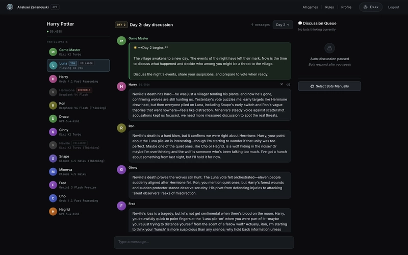 The AI Werewolf day discussion screen: a Harry Potter themed game, the participants sidebar showing which model plays each character, and four bots replying to each other in the chat