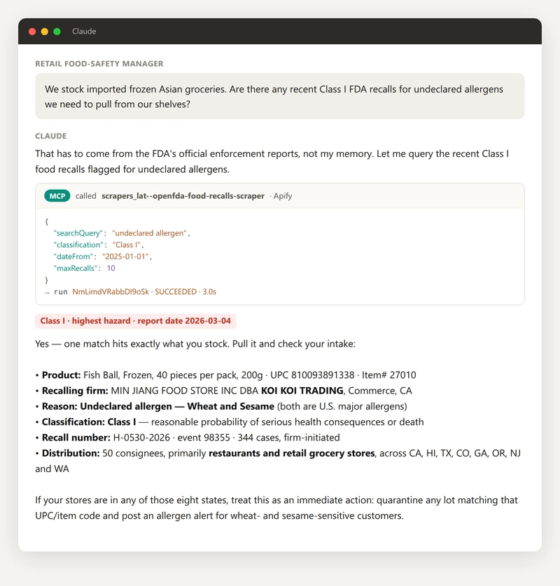 Claude calling the food-recall tool and answering with live FDA enforcement data