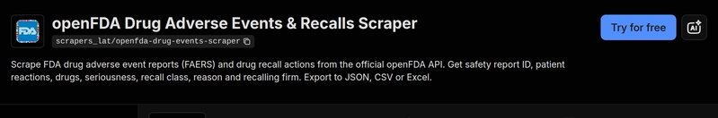 The openFDA Drug Adverse Events Actor on the Apify Store