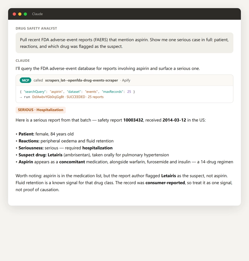 Claude calling the FAERS tool and answering with a real adverse-event report