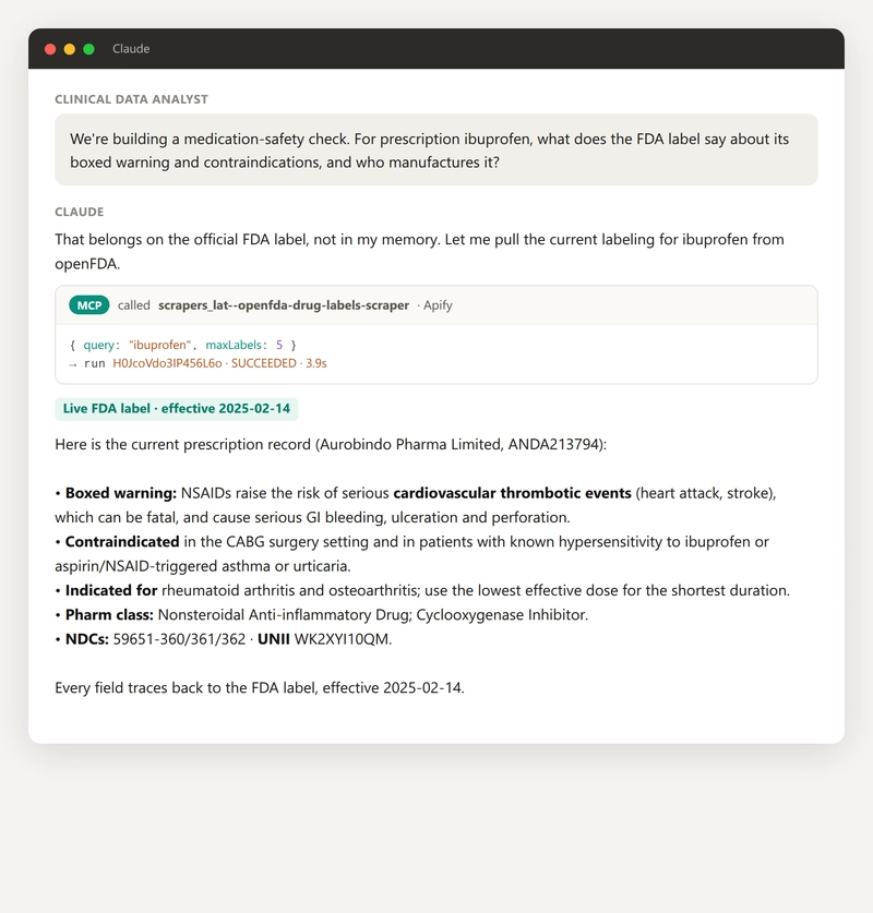 Claude calling the openFDA drug-label tool and answering with live labeling data