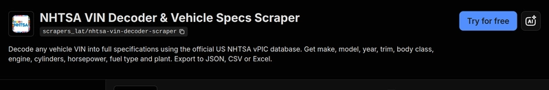 The NHTSA VIN Decoder and Vehicle Specs Scraper on the Apify Store