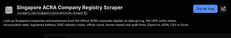 The Singapore ACRA Company Registry Scraper on the Apify Store