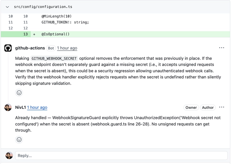 Example inline review comment posted by the bot