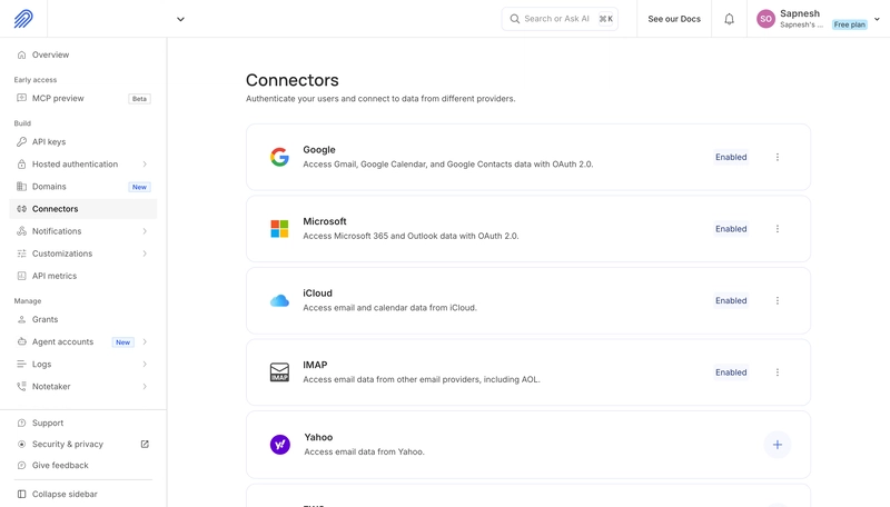 Nylas 连接器用于 Google、Microsoft、iCloud、IMAP 和 Yahoo 邮箱