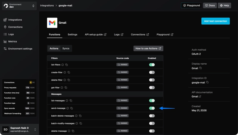 Nango 仪表板中的预构建 Gmail 工具