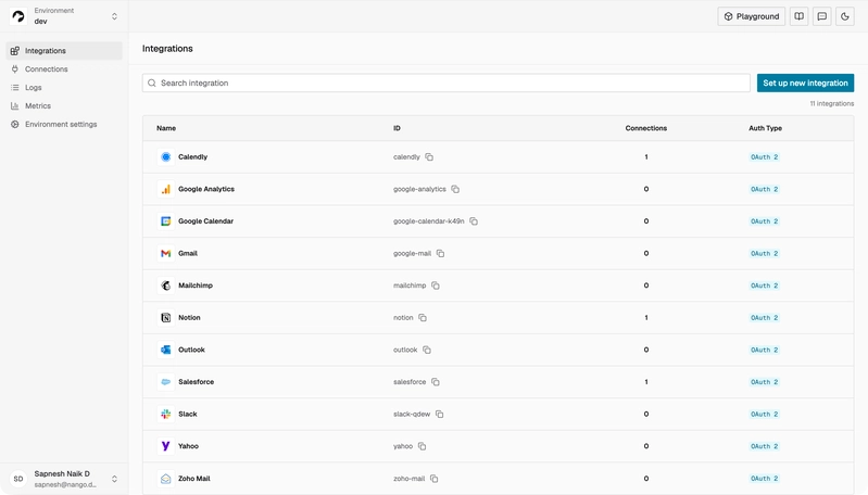 Nango 仪表板显示 Gmail、Outlook、Yahoo、Zoho Mail 和其他集成