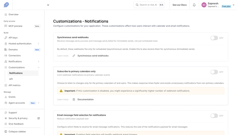 Nylas notification settings for customizing email webhook payloads