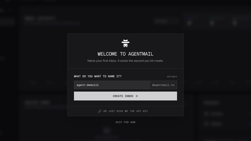 AgentMail onboarding screen for creating an agent-owned inbox
