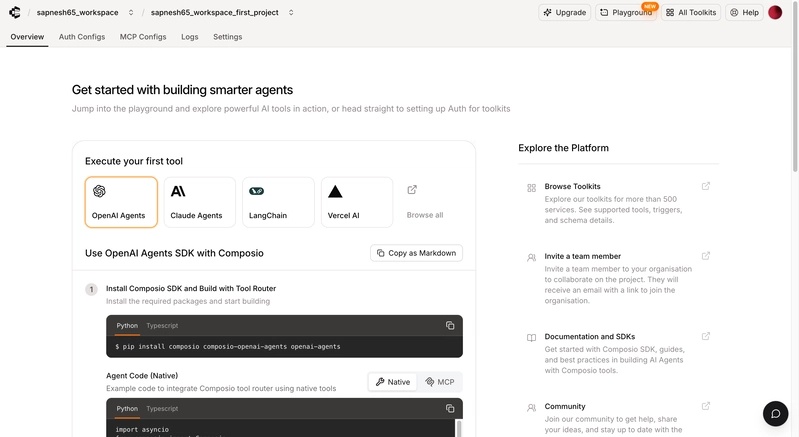 Composio dashboard for connected apps and agent tools
