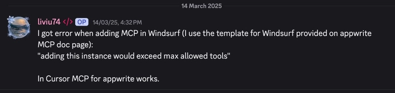 Discord report from liviu74: Windsurf error
