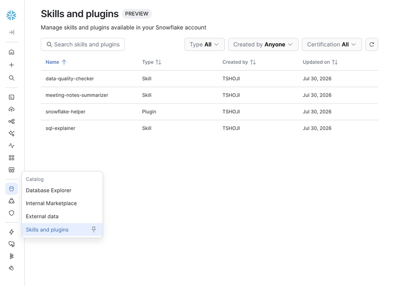 Snowsight Skills & Plugins catalog list view showing type, author, and certification filters