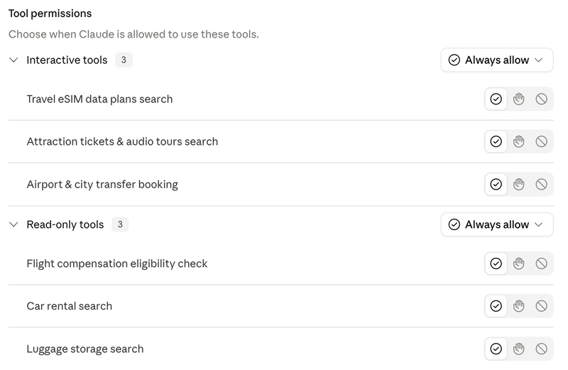 Connector settings: tools auto-grouped into Interactive and Read-only, each set to always allow