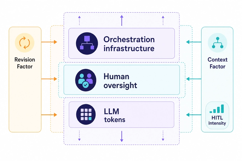 Stacked cost model for agentic software engineering showing token, human oversight, and infrastructure costs with revision and context amplifiers.