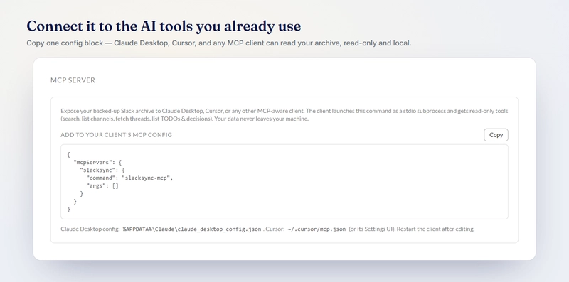 Empowia 的 Settings → MCP 界面,带有可直接复制的配置块