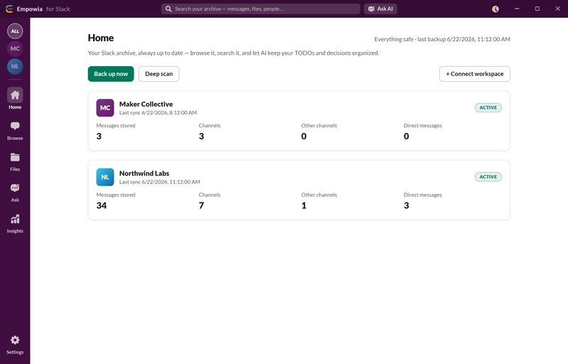 Empowia 主界面——本地浏览和搜索已备份的 Slack
