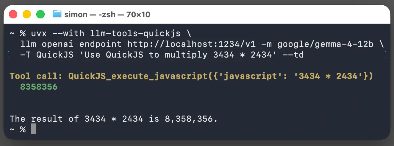 Output reads Tool call: QuickJS_execute_javascript({'javascript': '3434 * 2434'})  8358356 The result of 3434 * 2434 is 8,358,356.