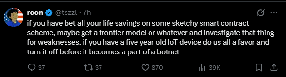 OpenAI developer "roon" warns about AI security risks on X. | via X
