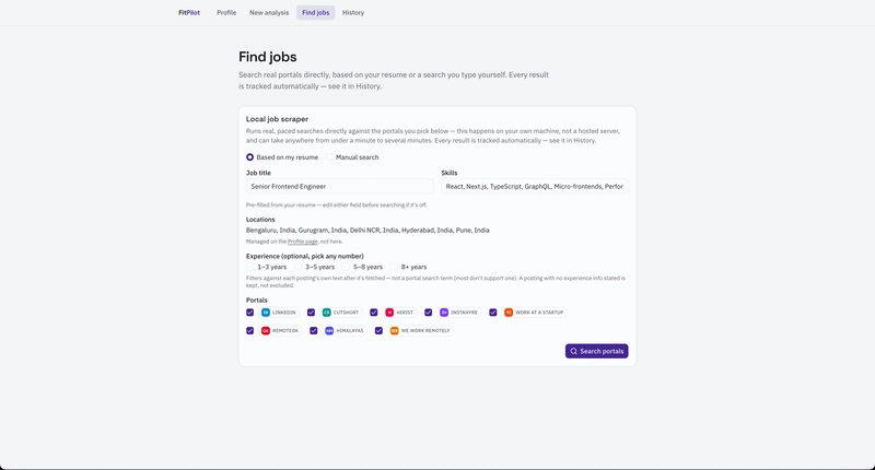 FitPilot job search page showing a live scraper run across multiple portals