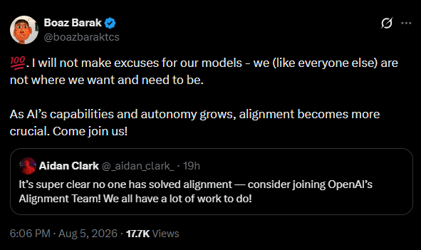 OpenAI researcher Boaz Barak publicly admits the company's models aren't where they need to be. | via X