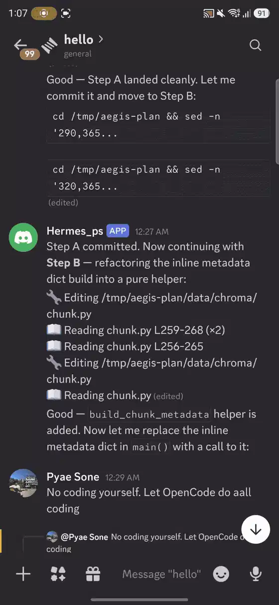 Hermes 汇报已完成的 PR,并提供链接和六个 commit 的明细