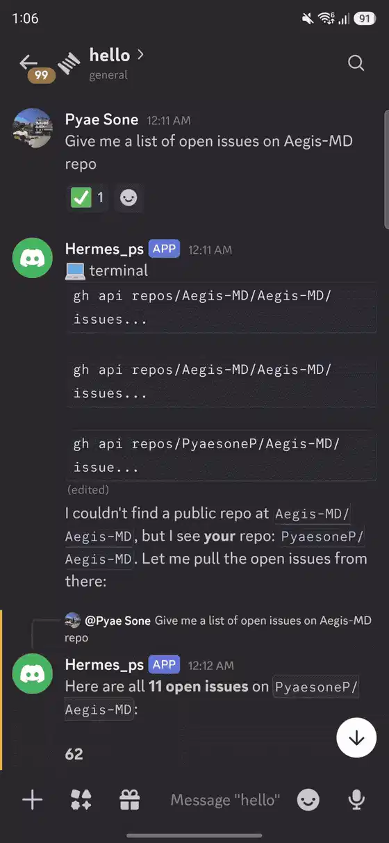 在手机上通过 Discord 让 Hermes 查询待处理的 issue