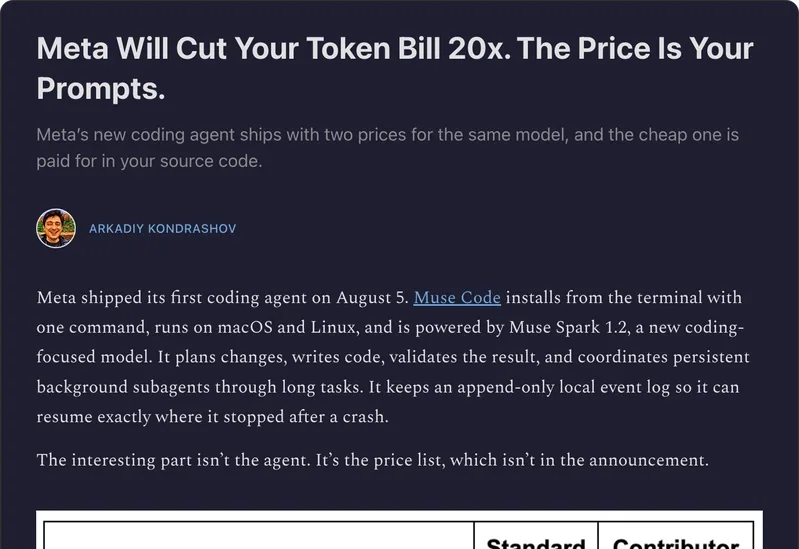 Kilo.ai Substack analysis — Meta Will Cut Your Token Bill 20x, The Price Is Your Prompts