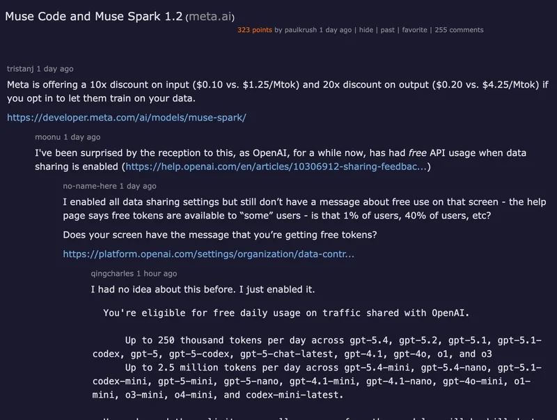 Hacker News discussion — Muse Code and Muse Spark 1.2 with 323 points and 255 comments debating contributor pricing and trust