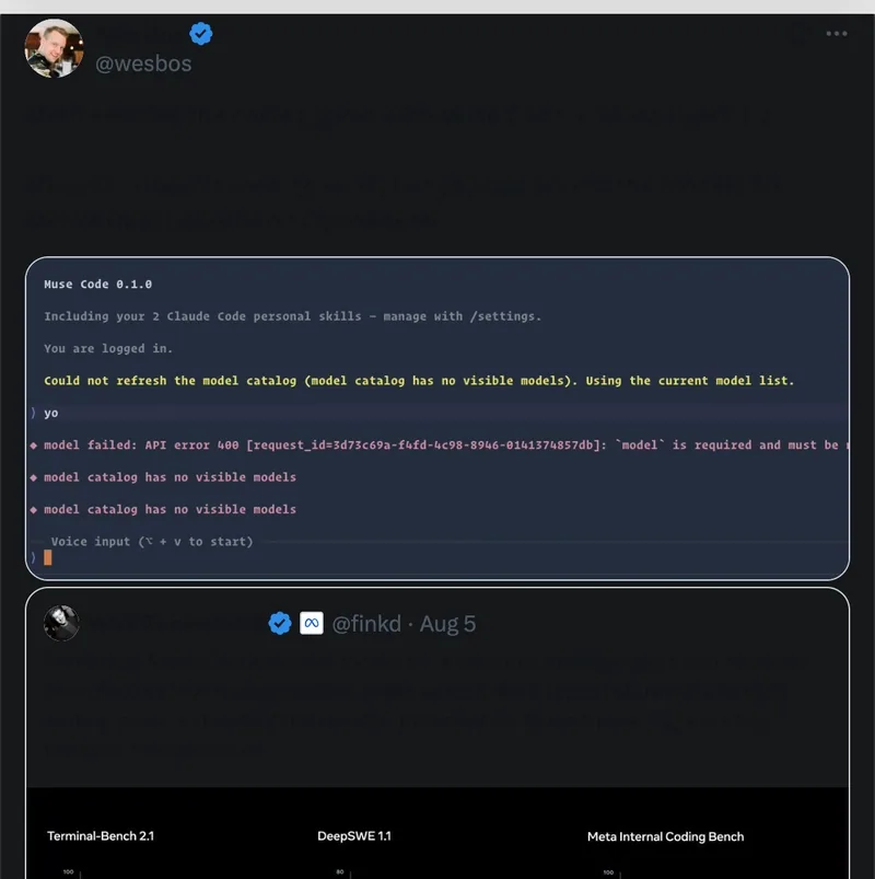 Wes Bos — Meta entering the coding game with Muse Code plus Muse Spark 1.2, noting CLI issues on first try