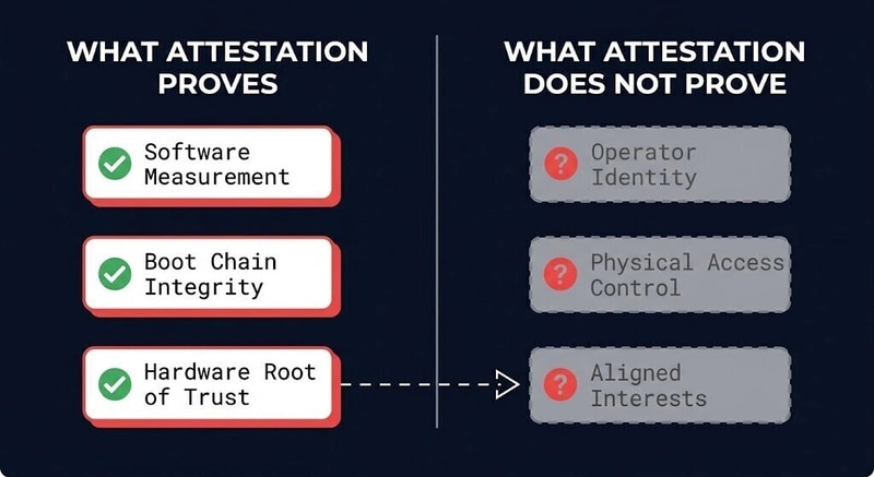 two-column diagram showing what attestation proves versus what it does not prove
