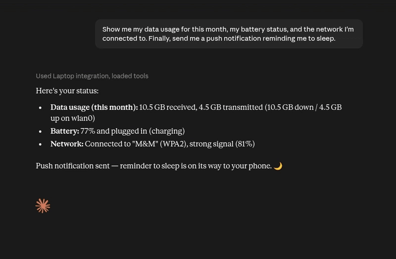Laptop integration returning data usage, battery, network, and firing a sleep reminder