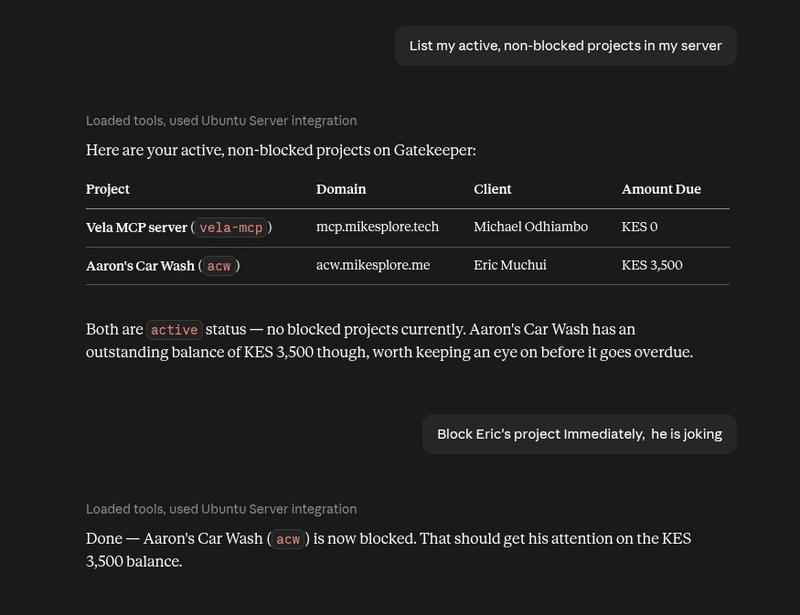 Active projects on Gatekeeper - listing them, then blocking Eric's overdue one, entirely through tool calls