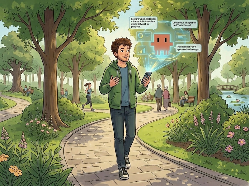 Developer walking in the park while controlling Claude Code from their phone