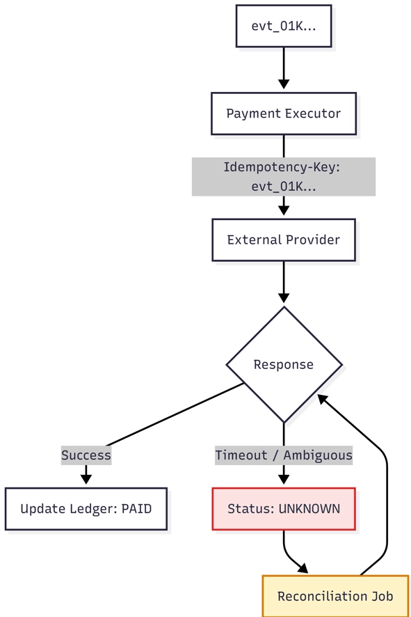 流程图，显示事件 ID 流入 Payment Executor，后者使用事件 ID 作为幂等性键调用 External Provider。响应分支为成功（更新账本为 PAID）或超时/不确定（设置状态为 UNKNOWN 并触发 Reconciliation Job，循环回去再次检查响应）。
